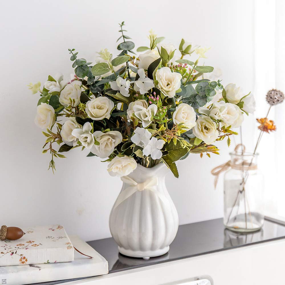 YILIYAJIA Artificial Rose Bouquets with Ceramics Vase Fake Silk Rose Flowers Decoration for Table Home Office Wedding (Beige)