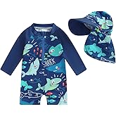 Infant Baby Boys Swimsuit One Piece Long Sleeve Rash Guard Zipper Bathing Suit Swimwear with Sun Cap Beachwear