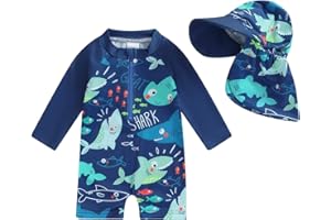 Toddler Baby Boy One Piece Swimsuit Kids Bathing Suit Long Sleeve Rash Guard Half Zipper Swimwear Sunhat Set