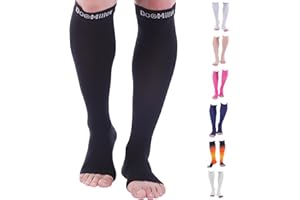 Doc Miller, Open Toe Compression Socks, 8-15 mmHg, Toeless, Support Circulation, Shin Splints, Calf Recovery, Varicose Veins, Knee High, Medical Grade, Black Socks, Medium Size for Men & Women, Pair