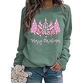 FCHICH Merry Christmas Sweatshirt Women Pink Leopard Christmas Trees T Shirt Casual Graphic Xmas Holiday Pullover Tops