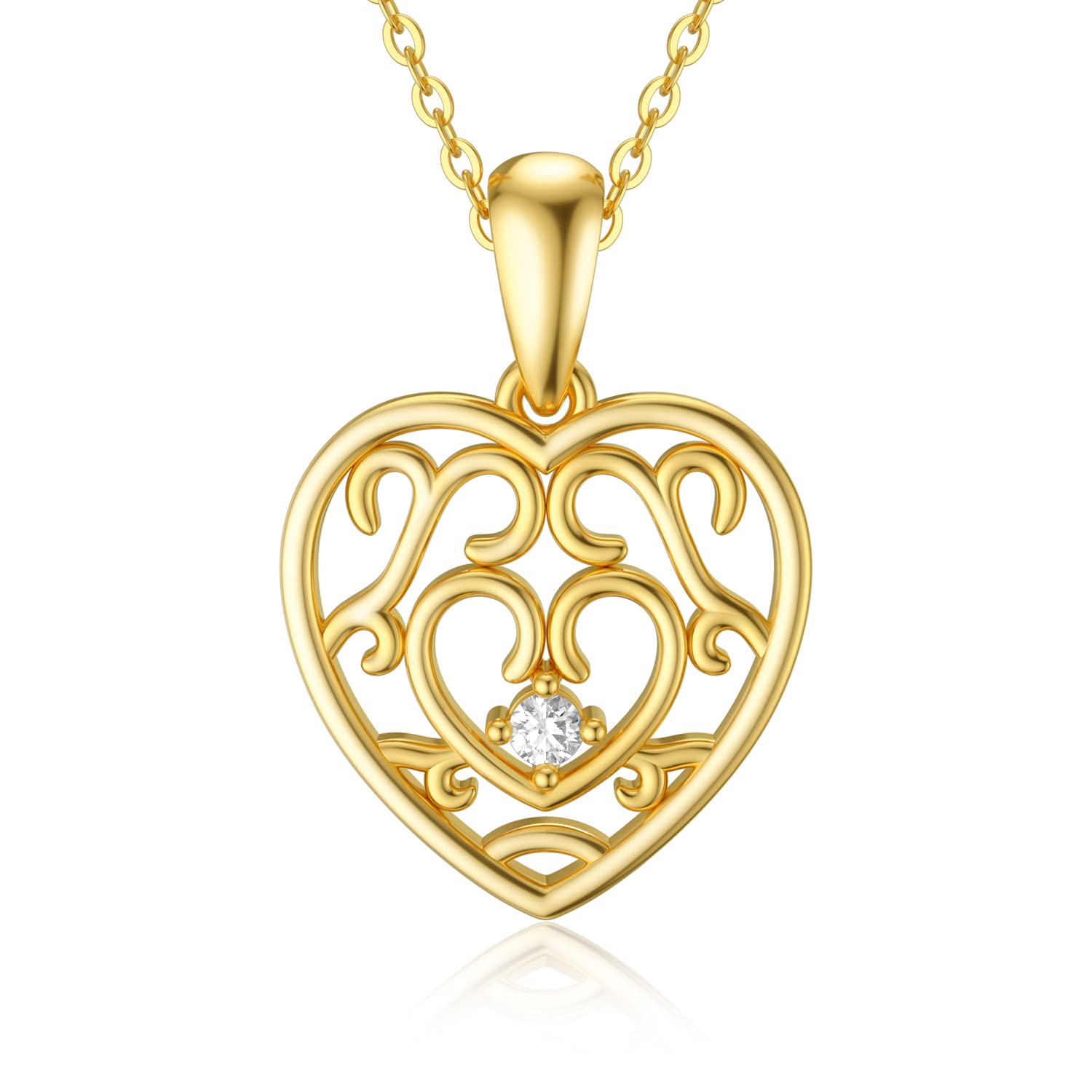 SISGEM 9 ct Gold Heart Necklace, Solid Yellow Gold Heart and Vine Pendant Necklace, for Women Girls Ladies Mum Sisters, 16"+1"+1"