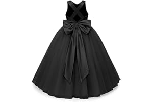 JISISANG Crossed Straps Flower Girl Dress Satin Long Prom Dress with Bow Puffy Tulle Pageant Dresses for Girls