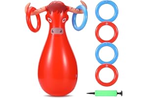 Arrowbash Inflatable Bull Ring Toss Game Set Include Inflatable Bull 6 Rings for Kids Adults Fiesta Rodeo Cowboy Party Supplies Pool Beach Decoration