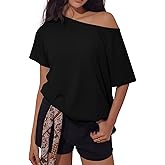 REORIA Women's Off The Shoulder Oversized T Shirts Short Sleeve Casual 2026 Summer Basic Tees for Going Out