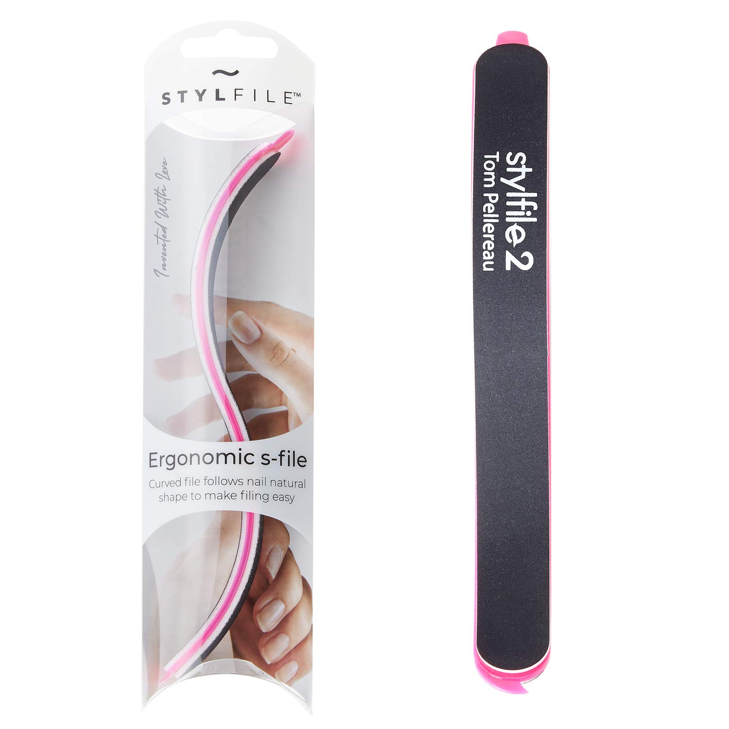 STYLFILE 2 Curved Nail File – S-Shaped Ergonomic Nail Shaper with Cuticle Pusher & Nail Skimmer, Ambidextrous Emery Board for Natural Nail Shape, Smooth Filing, at-Home Manicure Tool