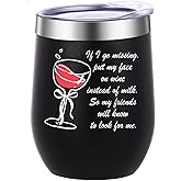 ATHAND Funny Wine Tumbler,12 Oz Insulated Stainless Steel Iced Coffee Tumbler with Lid,If I Go Missing Put My Face On Wine,Funny Tumblers for Women Men Adult Humor(Black)