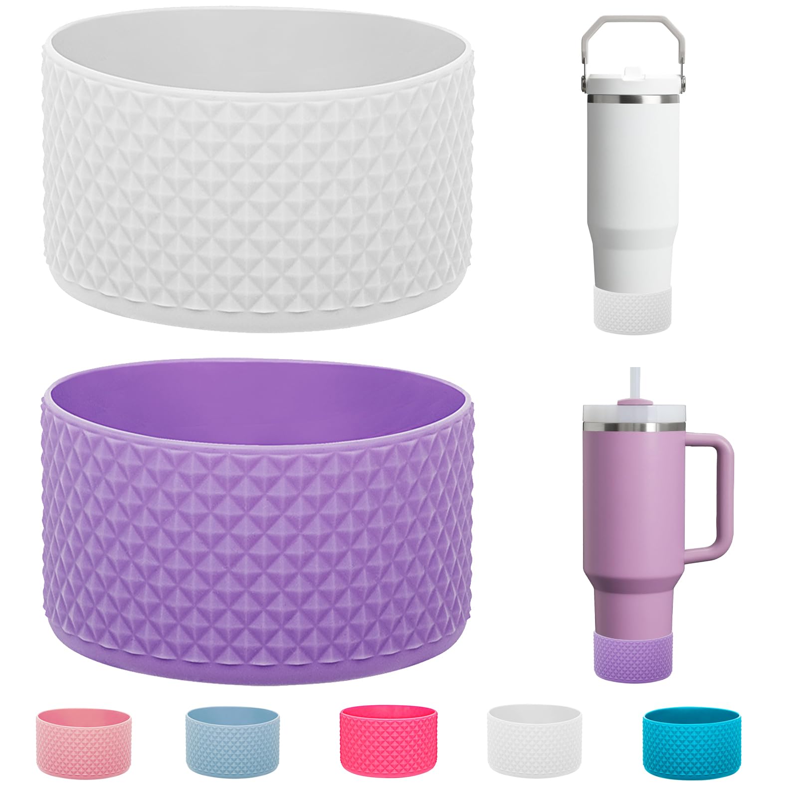 WK IEASON 2 Pcs Tumbler Bottom Protector Flask Silicone Boot for Stanley Quencher Adventure 40oz & Stanley IceFlow 20oz 30oz Compatible with Hydro Flask Wide Mouth 12oz 21oz 24oz(Diamond White/Purple)