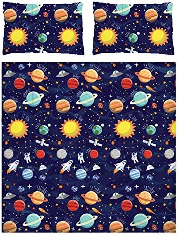 Kids Outer Space Bedding 100% Cotton 200 Thread Count Navy Planets Rockets Stars (King Duvet Cover + 2 Pillowcases)
