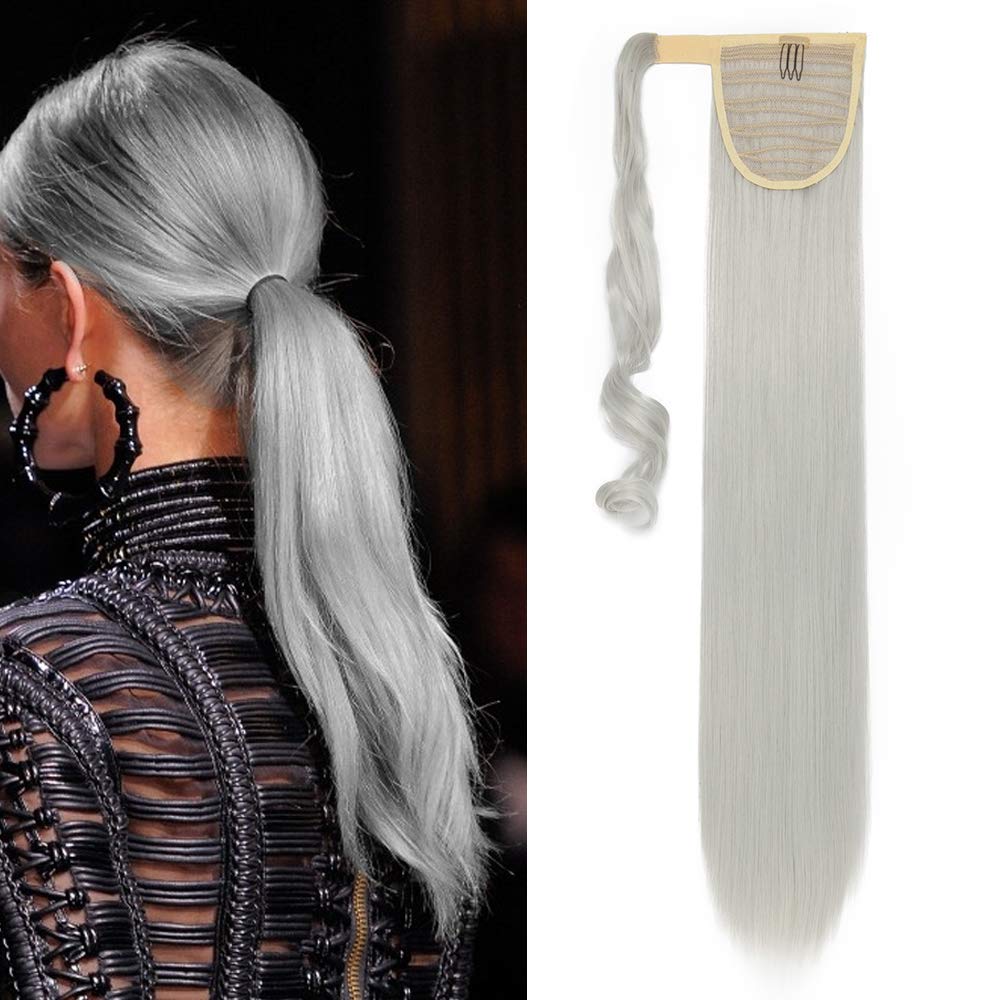 Silk-co 26" Wrap Around Pony Tail Hair Extension Straight Clip in/on Ponytail Synthetic Hairpiece for Women(Silver Grey)