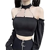 Dark Punk Crop Top with Chains Women Punk Off Shoulder Hollow Out Solid Backless Long Sleeve Tops