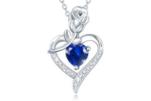 AGVANA Christmas Gifts Rosy Reverie Birthstone Necklace for Women Sterling Silver Genuine or Created Gemstone Rose Flower Heart Pendant Necklace Anniversary Birthday Gifts for Women Mom Wife Her