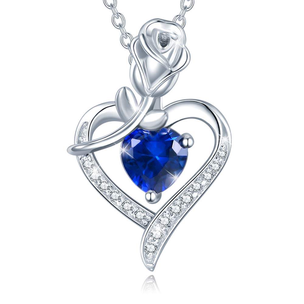 FANCIME 925 Sterling Silver September Birthstone Necklace Rose Heart Pendant Blue Sapphire Necklace with Fine Jewellery Box Christmas Birthday Valentine's Day Mother's Day Present for Women Mother