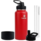 honogo 32 oz Powder Coated Double Wall Vacuum Insulated Sports Water Bottle, 18/8 Stainless Steel Wide Mouth Thermal Flask with Straw Lid & Spout Lid, Leak Proof, Sweat Free, BPA Free (Red, 32 oz)