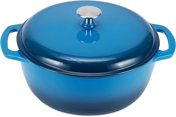 Amazon Basics Enameled Cast Iron Round Dutch Oven with Lid and Dual Handles, Heavy-Duty, 6-Quart, Blue