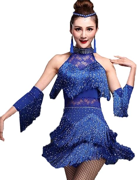 Amazon Co Jp ラテンダンス 衣装 ダンスウエア 社交ダンスドレス 社交ダンスラテンドレス ステージ衣装 ワンピース スパンコール ラテンドレス ノースリーブ 大きいサイズ ダンサー衣装 フリンジ パーティードレス ダンス発表会 イベント舞台 ブルー M 服