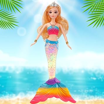 Leoie Lovely Colorful Light Music Princess Mermaid Plastic Doll for Girl Toddler Gift 36cm Colorful Glare Music Mermaid D