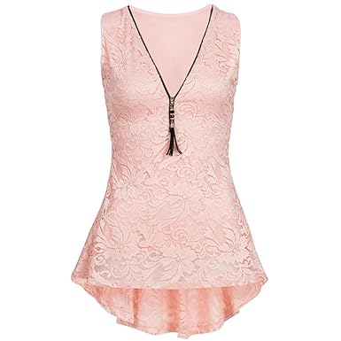 OverDose Damen Sommer Ärmellos T-Shirt Hemd Frauen lose Tank Tops Kreuz zurück Saum gelegt Reißverschluss V-Neck Tops