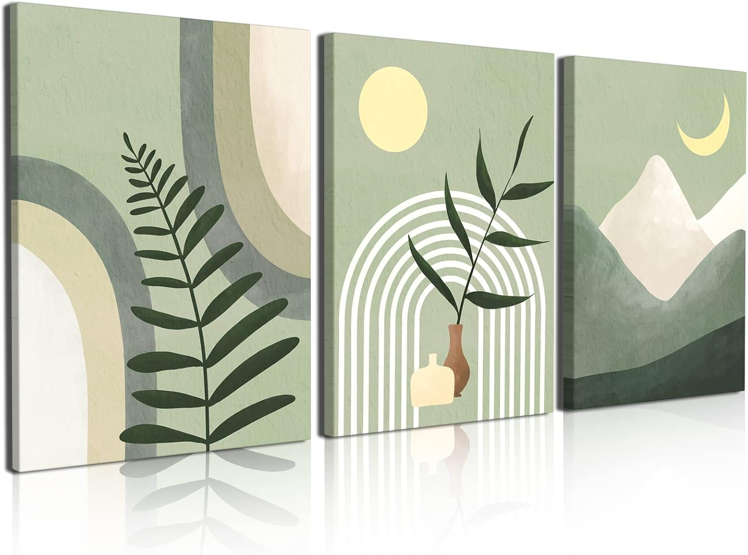 Wall Décor - Sage Green Wall Posters & Prints, Green Boho Wall Art Set of 3, Minimalist Framed Canvas Wall Art Geometric Leaf Sun Moon Beige Green Canvas Artwork 12