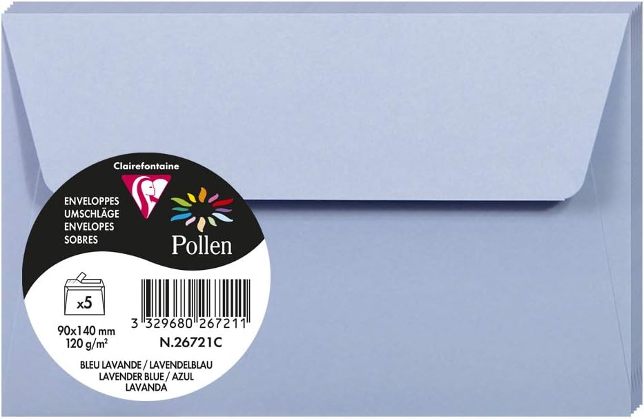 Clairefontaine 26721C Pack of 5 Self-Adhesive Envelopes Format 9x14cm 120g/m² Lavender Blue Invitation Event Correspondence Pollen Range Premium Smooth Paper