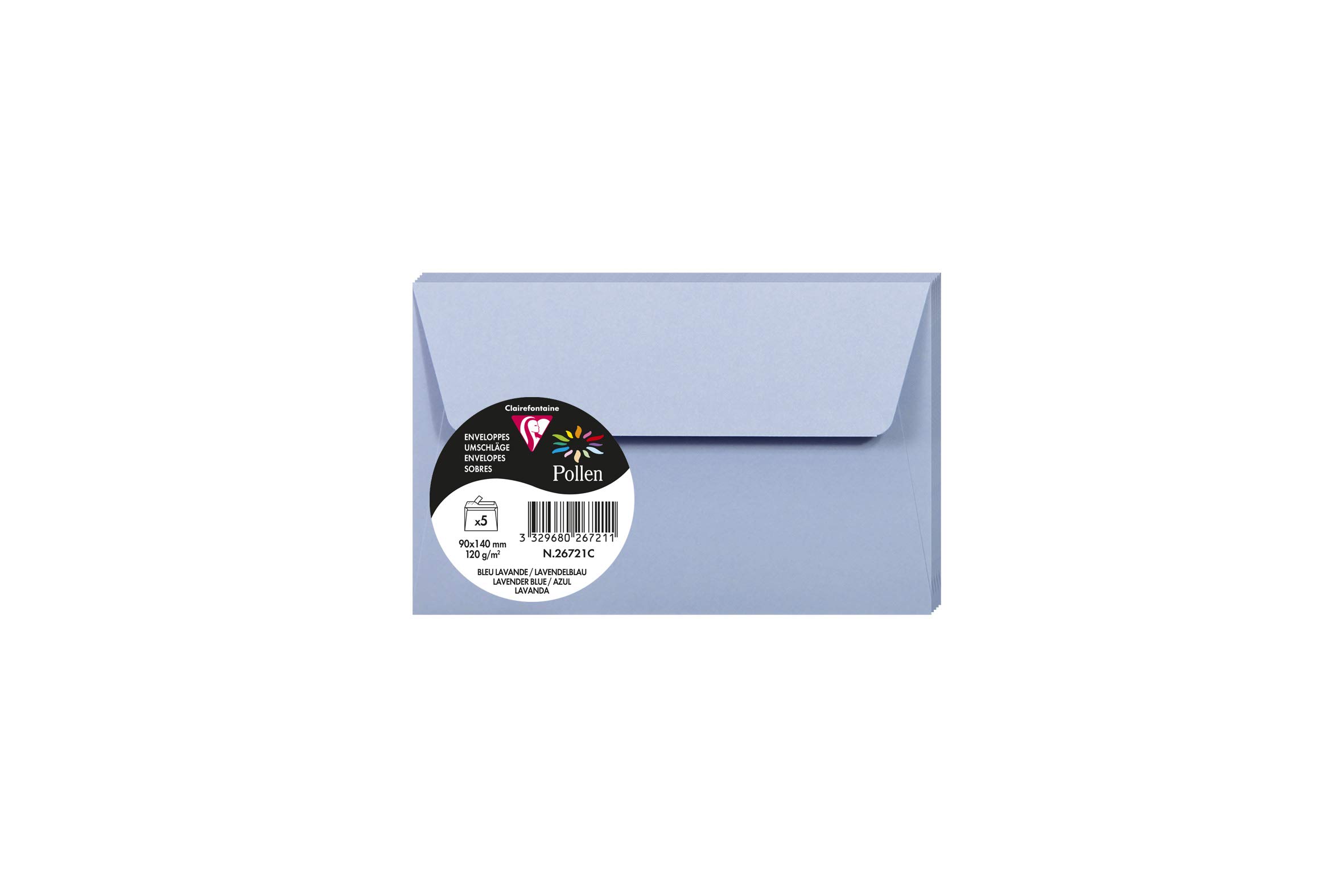 Clairefontaine 26721C Pack of 5 Self-Adhesive Envelopes Format 9x14cm 120g/m² Lavender Blue Invitation Event Correspondence Pollen Range Premium Smooth Paper