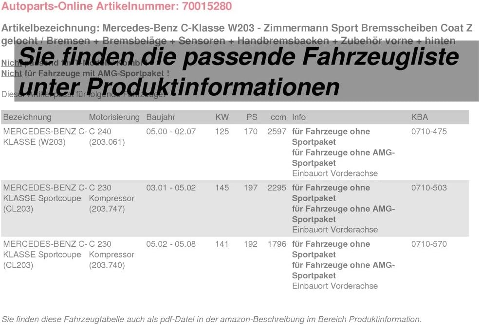 MERCEDES CLASSE C w203-Zimmermann Freni Set Freno A Mano Accessori ANTERIORE POSTERIORE