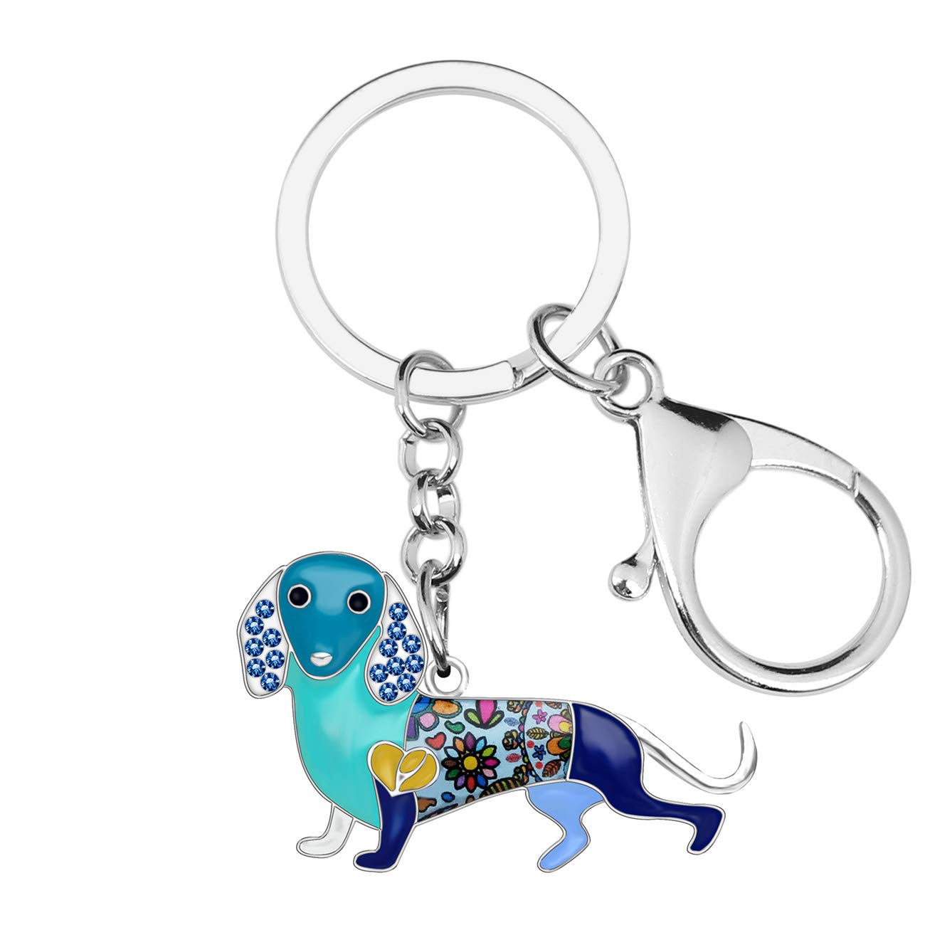BONSNY Enamel Metal Heart Rhinestone Dachshund Dog Key Chains For Women Kids Car Purse bag Rings Charms Pets Gift (Blue)