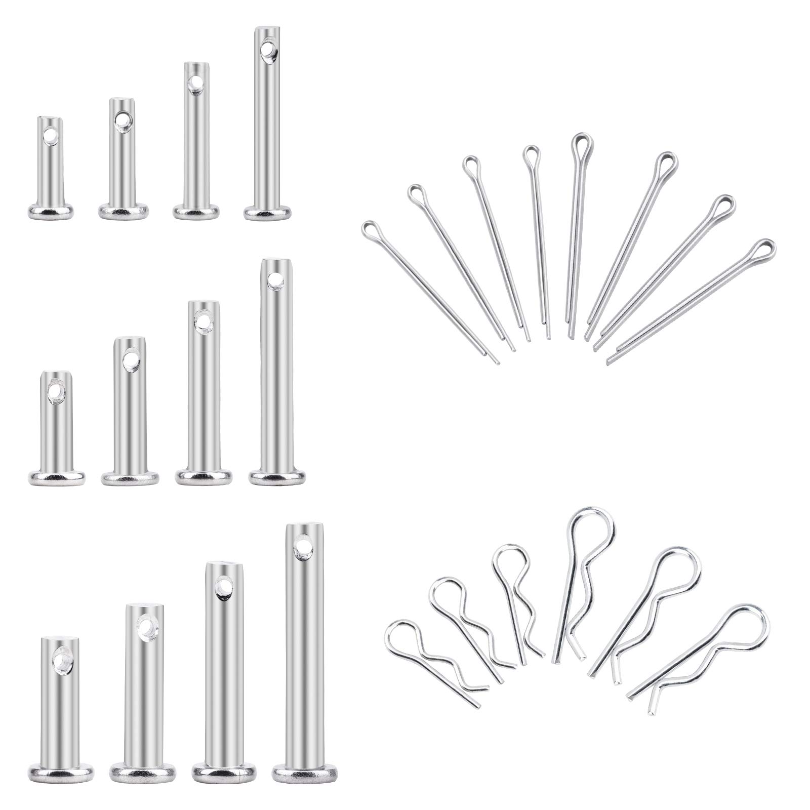 INCREWAY Cotter Hairpin Assortment Kit, 120Pcs Stainless Steel M3/M4/M5 12 Species Clevis Pin Flat Head Pin with Hole & 2 Sizes Cotter Pin & R Hitch Pin Clips, Fastener Set with Box
