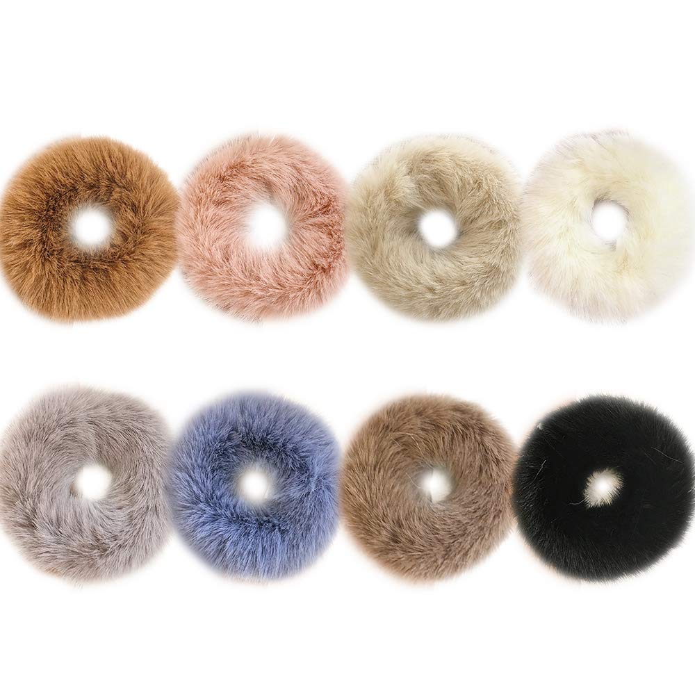 Photo 1 of DINPREY 8 Pack Teddy Faux Fur Hair Scrunchies, Rabbit Fluffy Maomao Hair Bands for Women Girl kid's (8 PCS, Artificial Rabbit Fur)