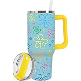 JarThenaAMCS Cartoon Sponge Tumbler with Handle 40oz Flower and Bubbles Tumbler with Lid Straw Blue Yellow Stainless Steel Cup for Home Office Travel