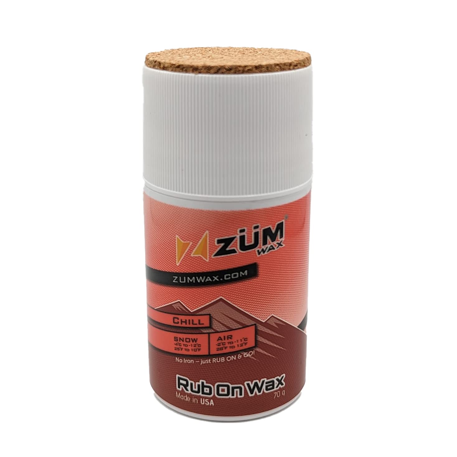 ZUMWax Rub-On Ski/Snowboard/Nordic/Cross-Country Wax 70g, CHILL Temperature, Easy cork applicator, long-lasting performance, secret vanilla scent, Made in USA, PFAS-free, Great quick waxing on the go
