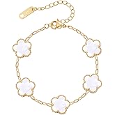 MIFKUD Four Leaf Clover Bracelet for Women 18K Gold Plated Bracelets White/Gold/Black/Blue/Pink Flower Leaf Link Clover Bracelet Lucky Clover Gold Bracelet Trendy Jewelry Birthday Gifts for Women