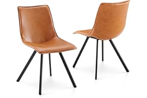 COLAMY PU Leather Dining Chairs Set of 2, High Back Modern Upholstered Dining Room Kitchen Side Chair with Metal Legs for Home/Living Room/Bedroom/Office, Light Brown