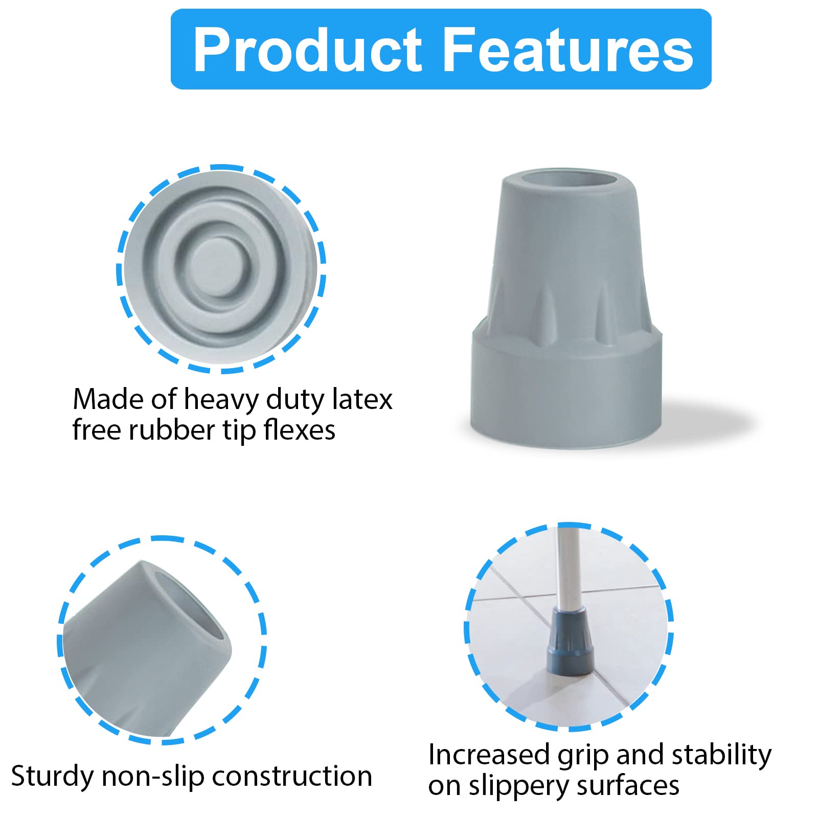 Crutch Tips, 4 Pack 7/8 inch Heavy Duty Rubber Crutch Tips Replacement Rubber Cane Tips, Gray