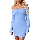 Wenrine Womens Off The Shoulder Sweater Dress Casual Ribbed Knit Long Sleeve Bodycon 2025 Fall Party Mini Dresses