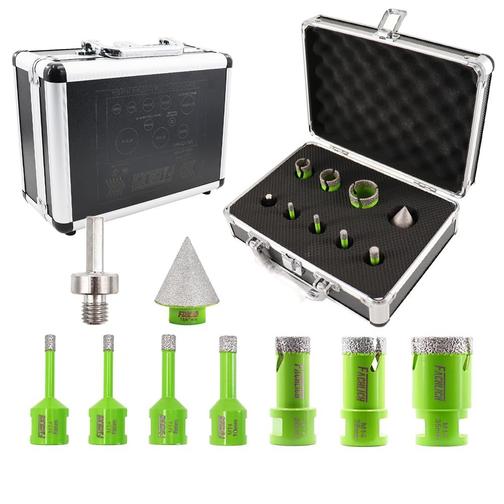 FACHLICH Diamond Core Drill Bits Set - 6/6/8/10/20/25/35mm+35B+Hex Tile Hole Saw Kit M14 Thread for Tile Porcelain Granite Marble(9PCS)