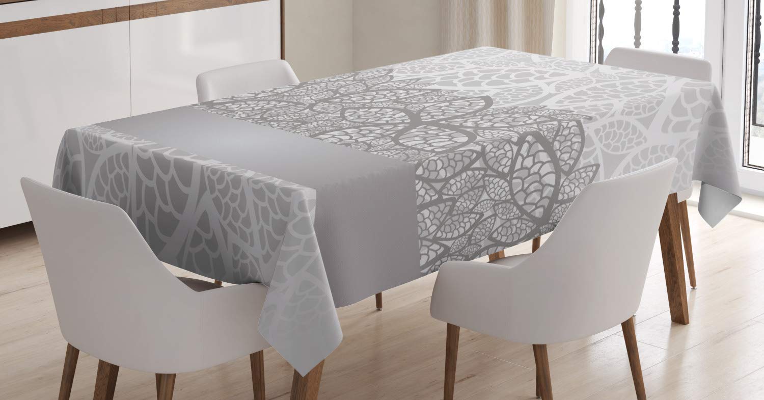 ABAKUHAUS Grey Tablecloth, Lace Inspired Floral, Dining Room Kitchen Rectangular Table Cover, 54 W X 66 L, Grey Pale Grey White