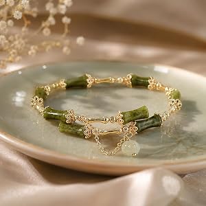 1PC New, Chinese Style, Hetian Jade, Bamboo Joint Beaded Bracelet-GreenGold | Bamboo Bracelet For Women, Elegant Gold Plated