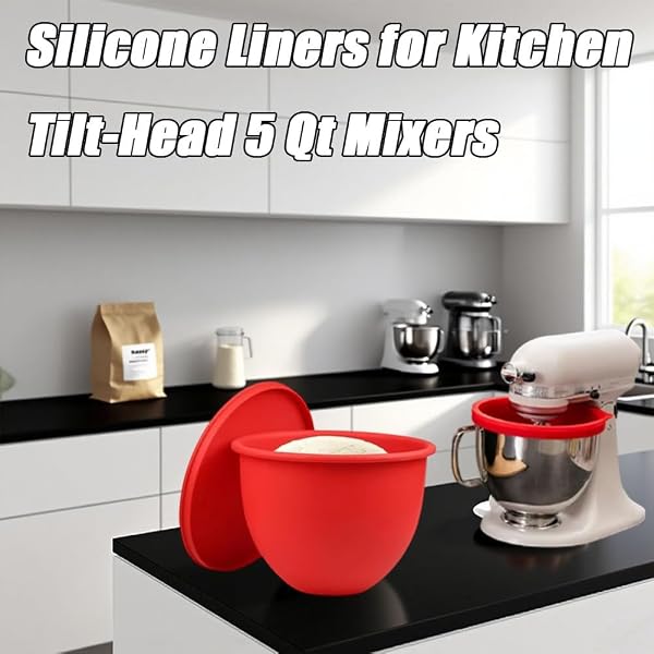 SILICONE BOWL LINERS FOR 5 QT KITCHENAID MIXERS – NON-SLIP STAND MIXER ITH LINER WITH LIDS, HEAT-RESISTANT KITCHEN AID SILICONE INSERT, EASY TO CLEAN, PROTECTS MIXING BOWL (BLACK)