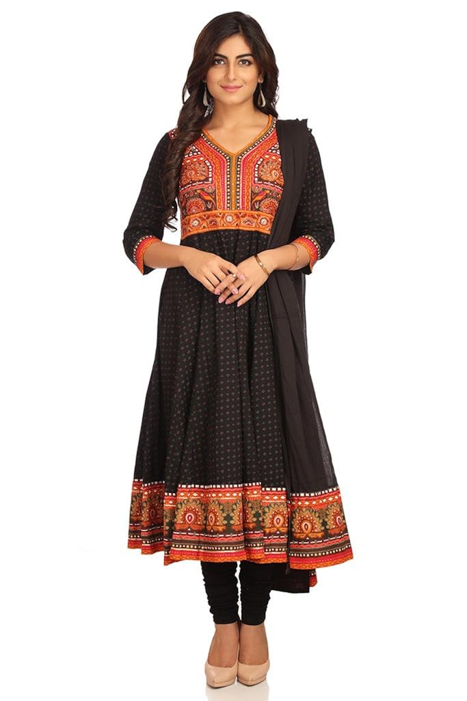 Buy BIBA Women's Anarkali Cotton Salwar Suit (SKD5304_Black_40) at