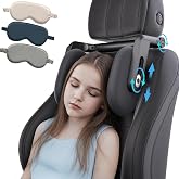 Car Headrest Pillow with 2 Hooks, Adjustable Car Seat Neck Support for Kids | 360&deg; Rotating Travel Sleeping Headrest with Memory Foam &amp; Ice Silk, Eye Mask Included, Car Seat Head Support for Adults