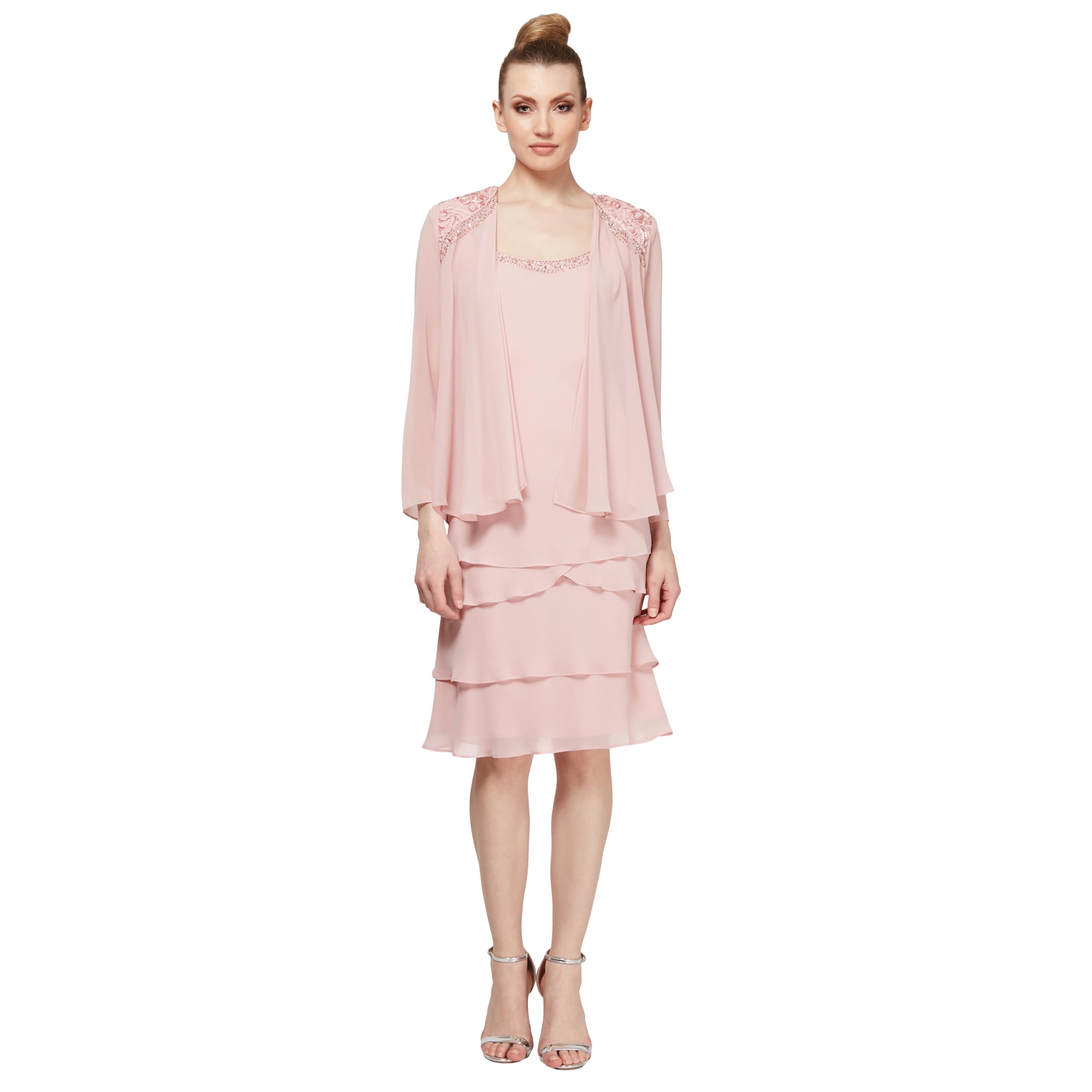 S.L. Fashions Women’s Mother of The Bride Tiered Jacket Dress with Shoulder Embellishment, Faded Rose, 8 Petite