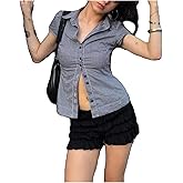 Women Y2K Button Down Plaid Shirt Preppy Slim Fit Short Sleeve Gingham Blouse Top Vintage Coquette Collar Crop Top