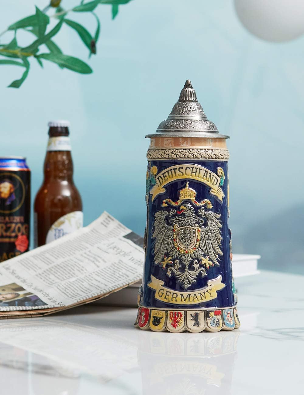HAUCOZE Beer Stein Mug German Coats of Arms Drinking Viking Tankard with Petwer Lid for Birthday Gifts Men Father Husband 0.6 Liter - Image 3