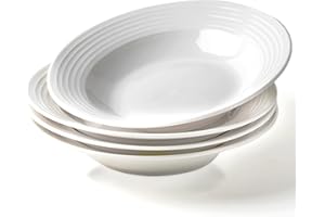 COIKZLY 8.7-inch Wide Rim Ceramic Soup Bowl - Lead-Free White Pasta Bowls for Spaghetti, Salad, Stew, Rice Microwave & Dishwa