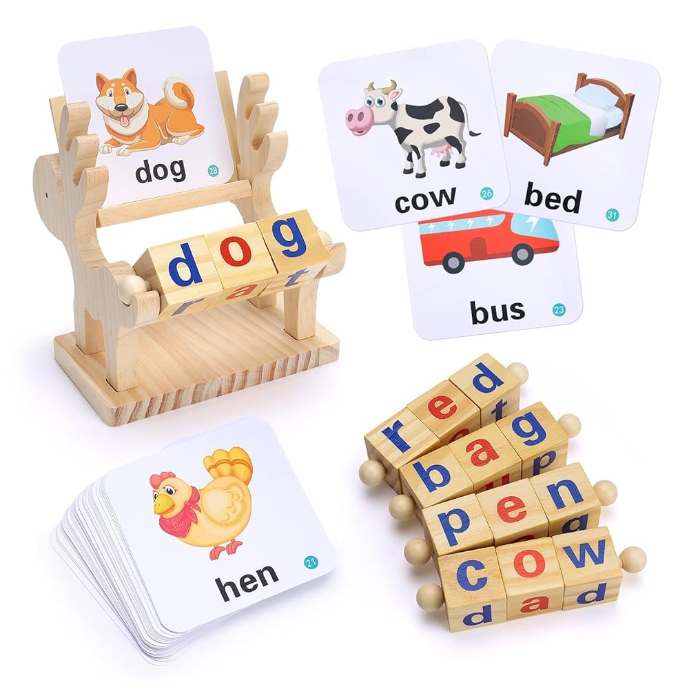 Wooden Spelling Games 4 Year Olds Sight Words Spinning Alphabet Learning Toy Flash Cards Turning Rotating Letter Puzzle for kids Spelling Toys & Sets for 3 Year Olds Boys & Girls