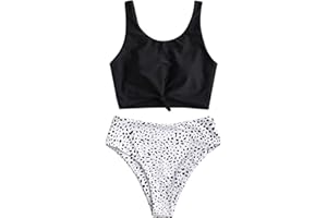 ZAFUL Women's Scoop Neck Tropical Leaf Knotted Two Pieces Tankini Set Swimsuit