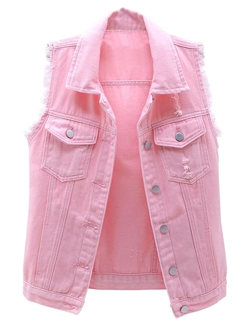 Locachy Women's Casual Denim Vest Jacket Slim Fit Sleeveless Ripped Tops Pink S