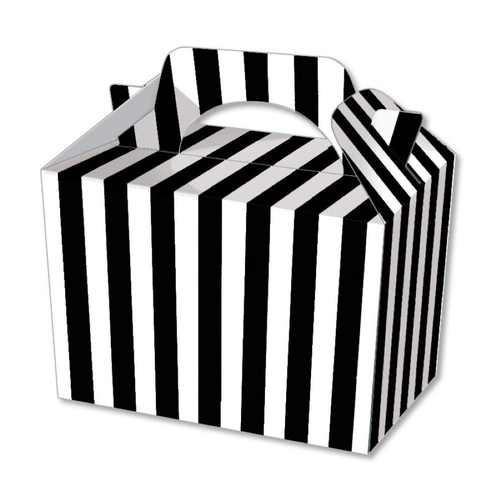 We Can Source It Ltd - Black and White Stripe Paper Meal Boxes 15cm x 10cm x 10cm with Handle – Kids Birthday Party, Picnic, BBQ, and School Meal Boxes – Easy Assembly, Food Safe - Pack of 10