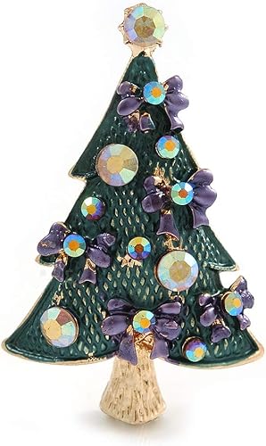 Amazon Avalaya グリーンエナメル クリスタルクリスマスツリー パープルリボン ゴールドトーンメタル製 高さ52mm ブローチ 通販